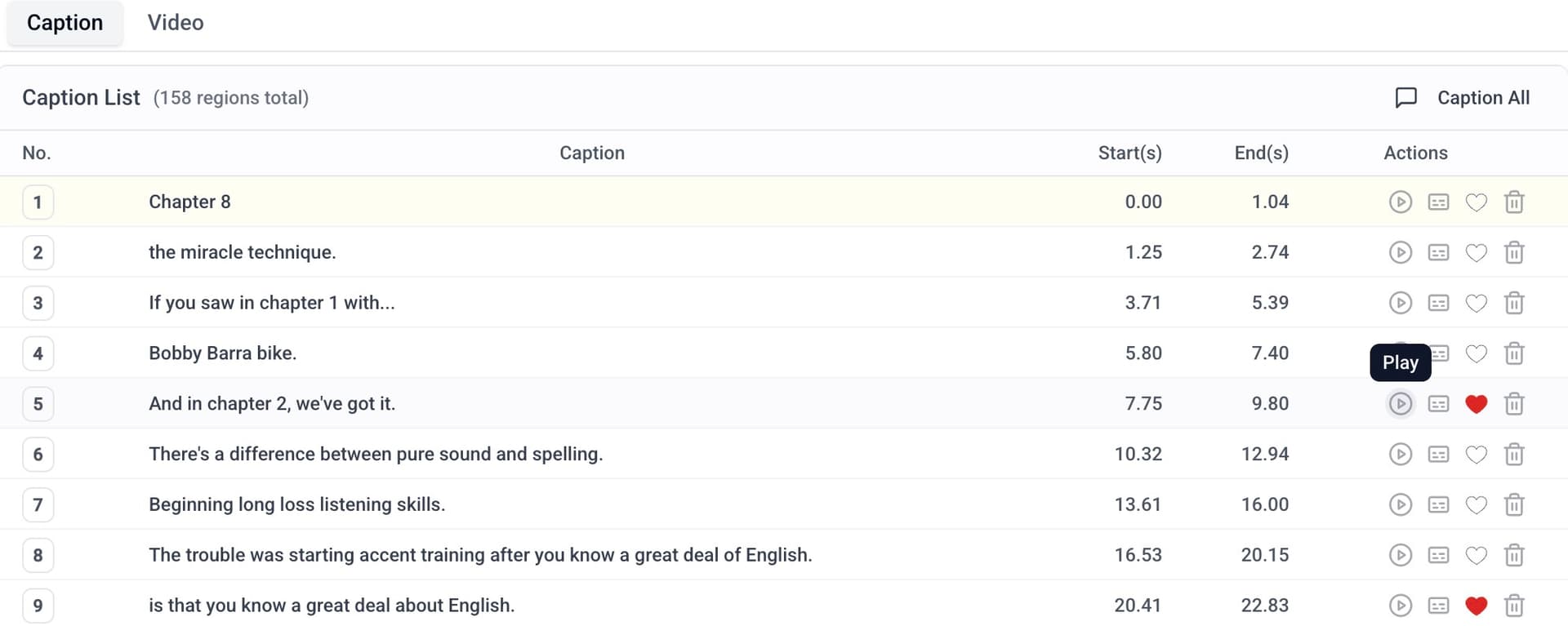 Audio caption list